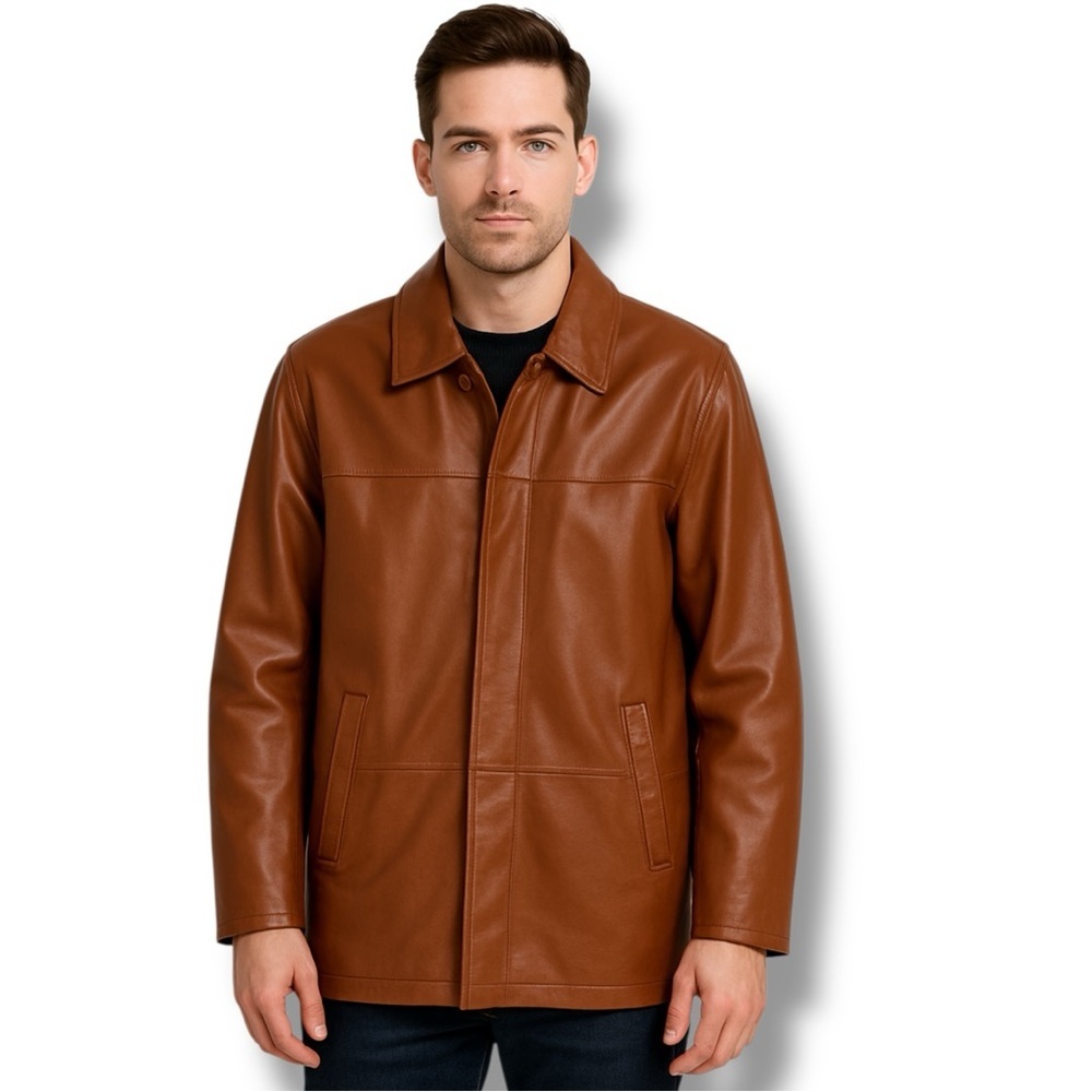 Danier Jacket Mens Leather Brown Long Car Coat Insulated Trench Size XL‎